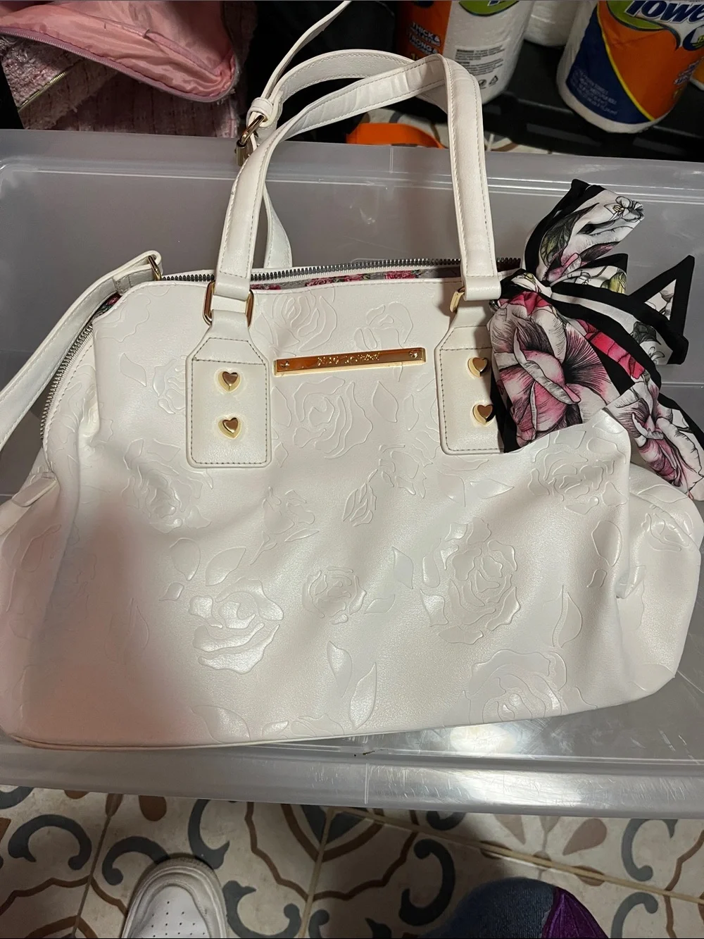 Betsey Johnson White Embossed Floral Satchel with Floral Scarf Accent - Picture 1 of 7